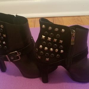 BLACK GENUINE LEATHER & SUEDE STUDDED SHOE BOOTS